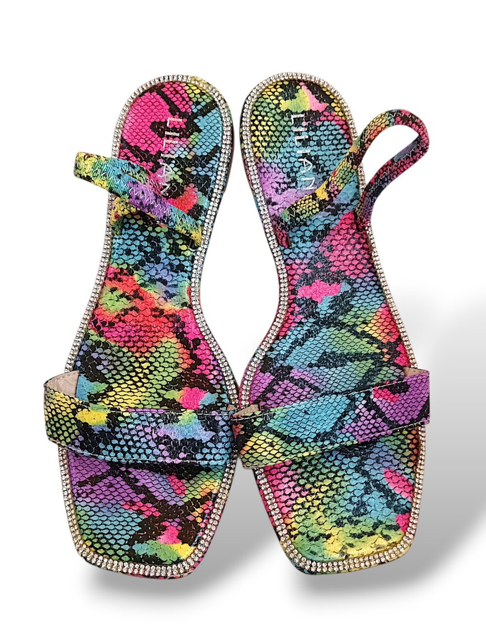 Liliana Neon Snake-Print Rhinestone Trim Flat Sandals Colorful Rainbow Flats 8